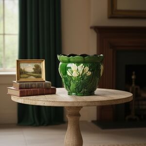 Antique Majolica Jardinière Planter Emerald Green Floral High-Relief c. 1900